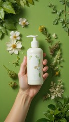 Hand holding a white pump bottle with botanical label on vibrant green surrounded by fresh leaves and diverse blossoms