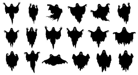 A collection of spooky ghost silhouettes in various poses, perfect for Halloween designs, digital art, or adding a ghostly element to any creative project or holiday-themed graphic.