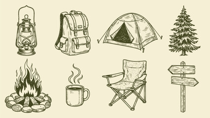 Fototapeta premium Collection of Hand-Drawn Camping and Outdoor Adventure Icons, Perfect for Nature Enthusiasts and Travel Journals