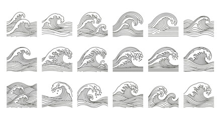 A collection of detailed, black and white line art illustrations depicting various stylized ocean waves, perfect for design elements and graphic resources.