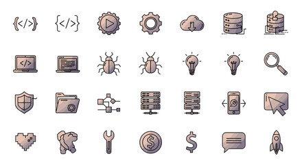A collection of illustrated computer and technology icons, featuring various symbols like gears, databases, bugs, lightbulbs, and more, presented in a simple, modern design style.