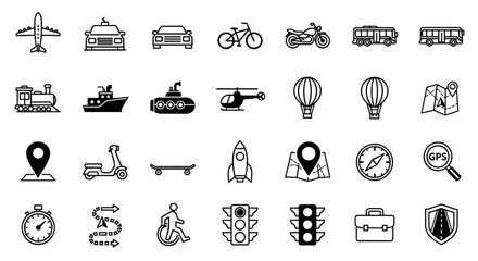 A collection of various transportation icons, including planes, cars, bikes, trains, and boats, displayed in a simple black and white line art style for diverse design applications.