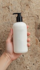 Person's hand holds a blank white pump bottle against a textured beige wall background The bottle has a black dispenser