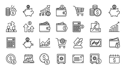 A collection of financial and business icons, including wallets, piggy banks, charts, and calculators, presented in a clean, monochrome line art style for use in design and marketing.