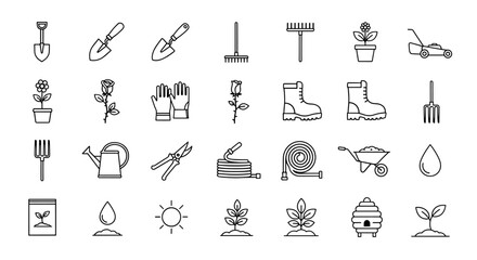 A collection of line art icons depicting various gardening tools and elements, perfect for illustrating landscaping, horticulture, and outdoor activities, with a clean and modern aesthetic.