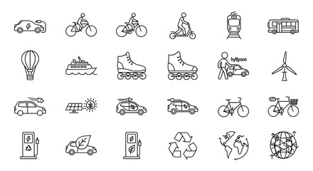 A collection of line art icons representing various modes of transportation, including cars, bicycles, roller skates, and eco-friendly options, promoting sustainable living.