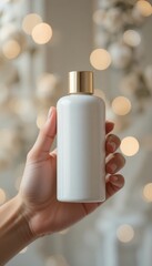Elegant white product bottle with a golden cap held in a hand Soft warm bokeh lights illuminate the blurred background