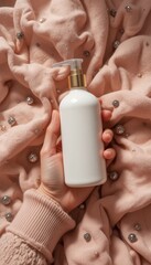 Hand holding a white pump bottle with a gold dispenser Pink knit fabric background displays scattered sparkling