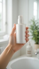 A close up shot of a person's hand holding a blank white pump bottle in a bright bathroom setting
