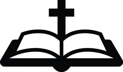 Simple black and white open holy bible book with christian cross symbol concept illustration for religious studies church sermon graphic design spirituality faith scriptural teaching and christianity