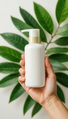 Hand holds a white pump bottle with a gold neck band blurred green leaves in background on a white surface