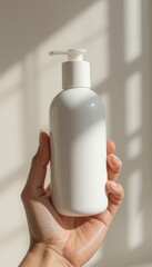 Close up of a person's hand holding a plain white pump bottle against a neutral wall with window shadows