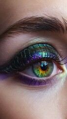 Close up of a human eye featuring vibrant iridescent green blue purple eyeshadow and long dark eyelashes