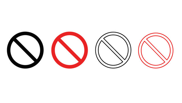 Set of four prohibition signs, including solid black, solid red, outline black, and outline red, representing restricted access or forbidden actions