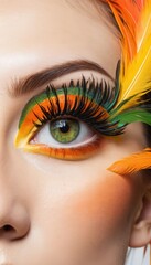 Woman's vivid green eye bold orange and green eyeshadow dramatic black eyelashes Bright orange yellow and green feathers