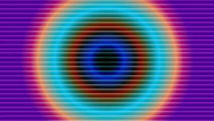Vibrant glowing oval shape with horizontal lines and colorful gradient effect on purple background creating dynamic visual effect