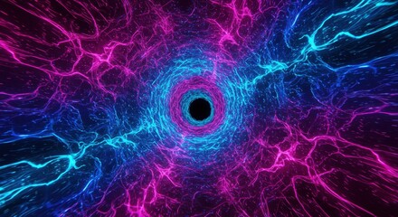 Abstract tunnel of vibrant magenta and cyan energy streaks toward a dark center