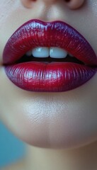Detailed close up of a woman's full lips painted with shiny dark red lipstick Parted mouth reveals two white teeth