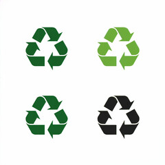 Obraz premium Four green recycling symbols with varied arrow styles on white background representing sustainability