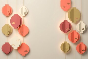 Hanging paper lantern disks in soft red and gold for cozy minimalist lunar year festive backdrop