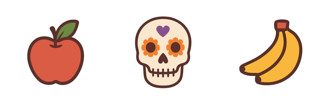 Vibrant apple, sugar skull, and banana icons represent healthy eating and festive cultural celebrations in a playful vector style.