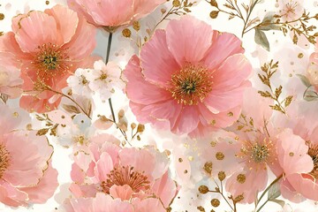 Luxurious hand-painted watercolor seamless repeatable pattern featuring  peonies, poppies, and wild roses with ruffled petals and dreamy gradient blush tones