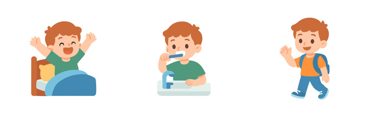 Obraz premium Boy wakes up, brushes teeth, and goes to school, depicting a happy and healthy morning routine for young children in a cheerful cartoon style