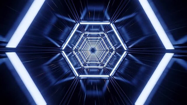 Futuristic hexagonal tunnel with bright white light edges and deep perspective