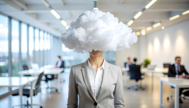 Businesswoman with head in clouds standing in office mental health