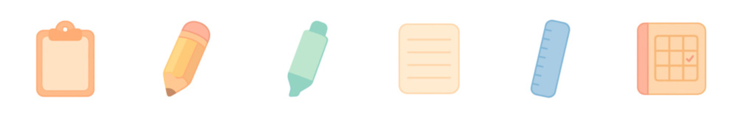 Cute pastel stationery and office supplies collection featuring a clipboard, pencil, highlighter, notepad, ruler, and calendar for school or work tasks