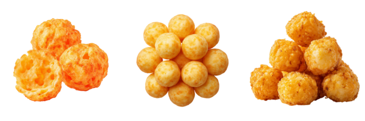 Three piles of crunchy cheese flavored puffed snacks in orange and yellow colors isolated on a transparent background