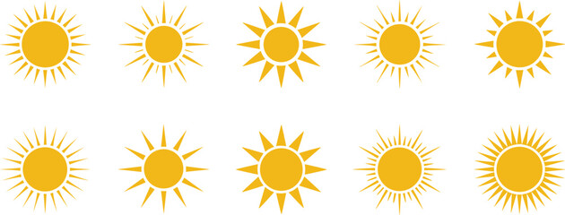 Set of stylized suns icons radiating light and warmth in various geometric shapes summer energy concept for weather forecast graphic design projects and positive inspirational themes vibrant vector il