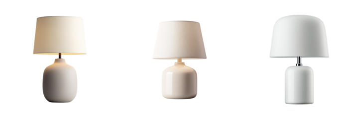 Three modern white table lamps with cream and white shades isolated on a transparent background light