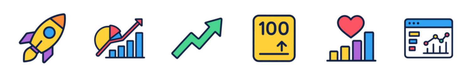 Startup business analytics icons illustrating various aspects of growth, progress, and achievement in a modern, vibrant collection.
