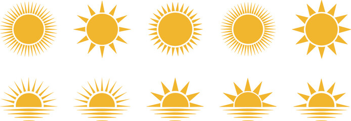 Vibrant golden sun icons set rising and setting over water graphic element collection sunshine rays vector illustration for weather forecast summer vacation travel agency logo design and heat temperat