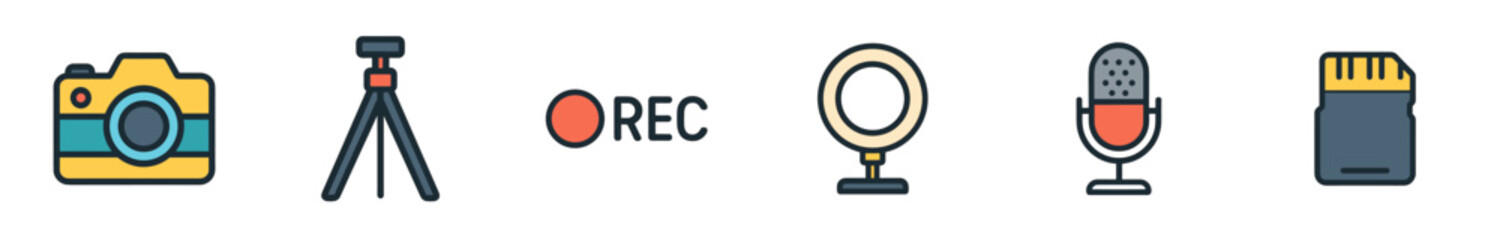Essential photography and videography equipment icons for modern content creation displayed in a clean, colorful, and outlined style for digital media projects.