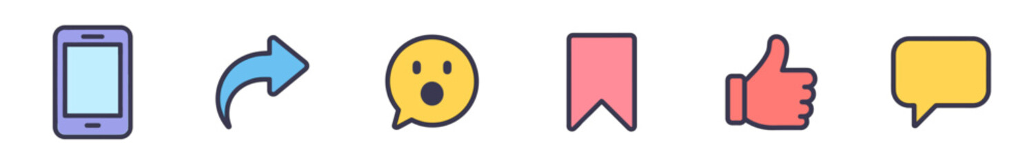 Social media icons for digital communication and online interaction are displayed in a colorful flat design style, representing various user actions and reactions