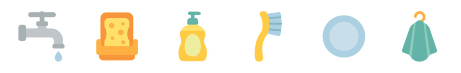 Household cleaning supplies and dishwashing tools are neatly arranged in a flat design illustration, showcasing essential items for maintaining kitchen hygiene.
