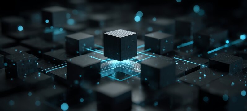 Computing Matrix With Modular Futuristic Blocks and Glowing Blue Connection Lines, Clean Dark Background, Enterprise AI Infrastructure Concept, Cinematic Minimal Sci-Fi Style