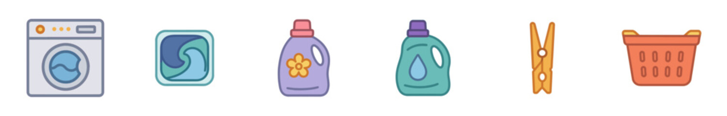 Various laundry items and supplies are neatly arranged in a colorful collection of household cleaning and clothing care icons, representing daily chores and domestic tasks.