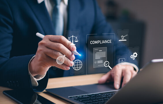businessman reviewing compliance and legal regulations through digital interface, governance, risk management, audit process and corporate policy control concept with modern business technology