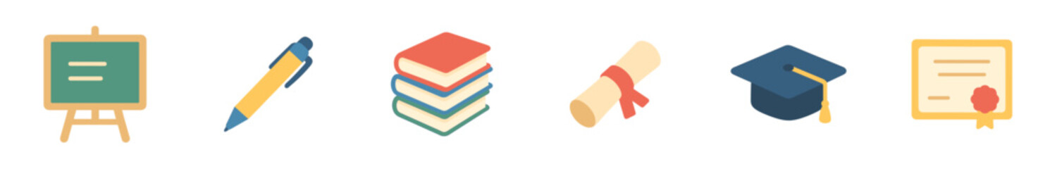 Vibrant set of flat design education and learning icons, featuring essential academic symbols like books, a graduation cap, a diploma scroll, and a chalkboard.