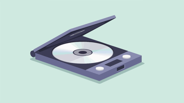 Isometric purple portable CD player open with a shiny disc inside on a light blue background