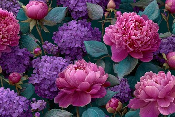 Elegant, chic, vintage seamless repeatable pattern featuring layered pink peonies and purple hydrangeas in deep green background