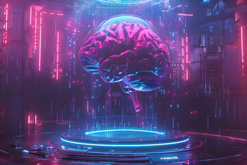 Futuristic neon artwork featuring a glowing human brain in a cybernetic environment
