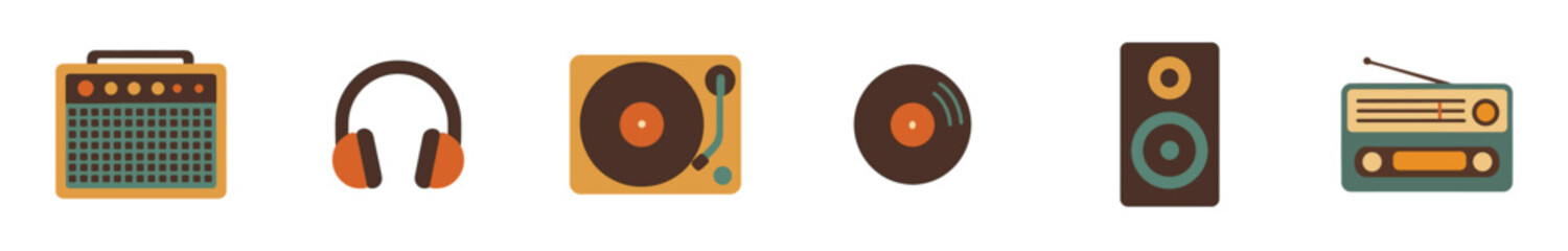 Retro music equipment icons set vintage audio devices including a turntable, headphones, amplifier, speaker, and radio, evoking a nostalgic sound experience.