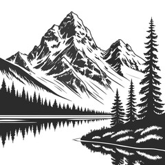 Obraz premium Snow mountain silhouettes reflected on calm lake with pine trees