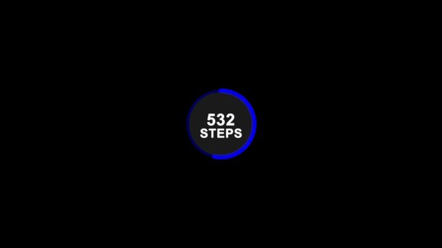 Abstract displaying one thousands count steps animation. White text and blue color circle steps counting progress bar on black background.