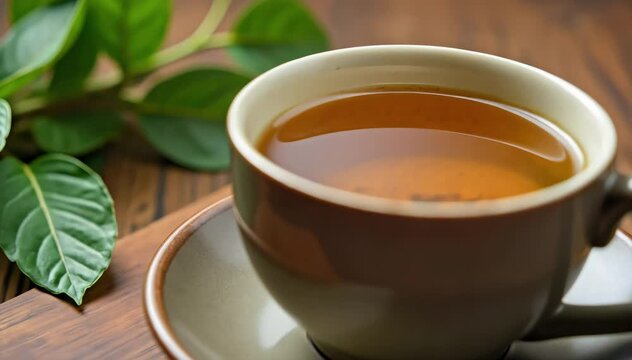 Close up of taro root and tea cup  