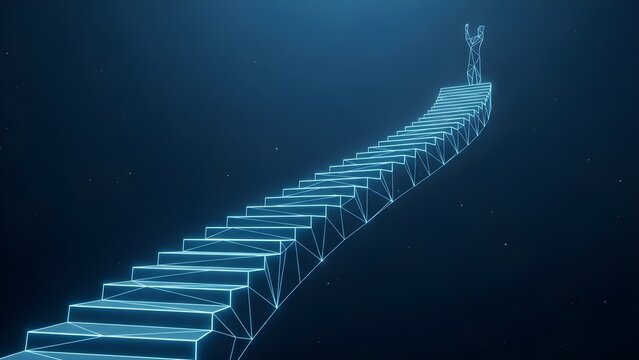 Futuristic glowing staircase ascending into darkness representing progress and ambition isolated on transparent background
